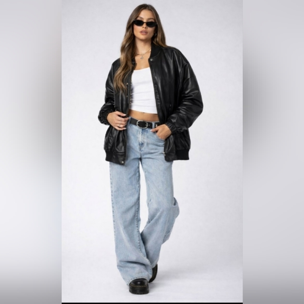 Avec Les Filles Relaxed Fit Faux Leather Black Bomber Jacket Large